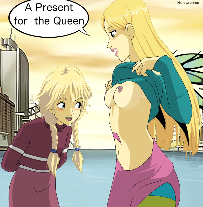 2_girls 2girls blonde_hair breasts clothes_lift cornelia_hale elyon_brown english_text exposed_breasts nanotyrannus navel no_bra speech_bubble standing w.i.t.c.h. wings