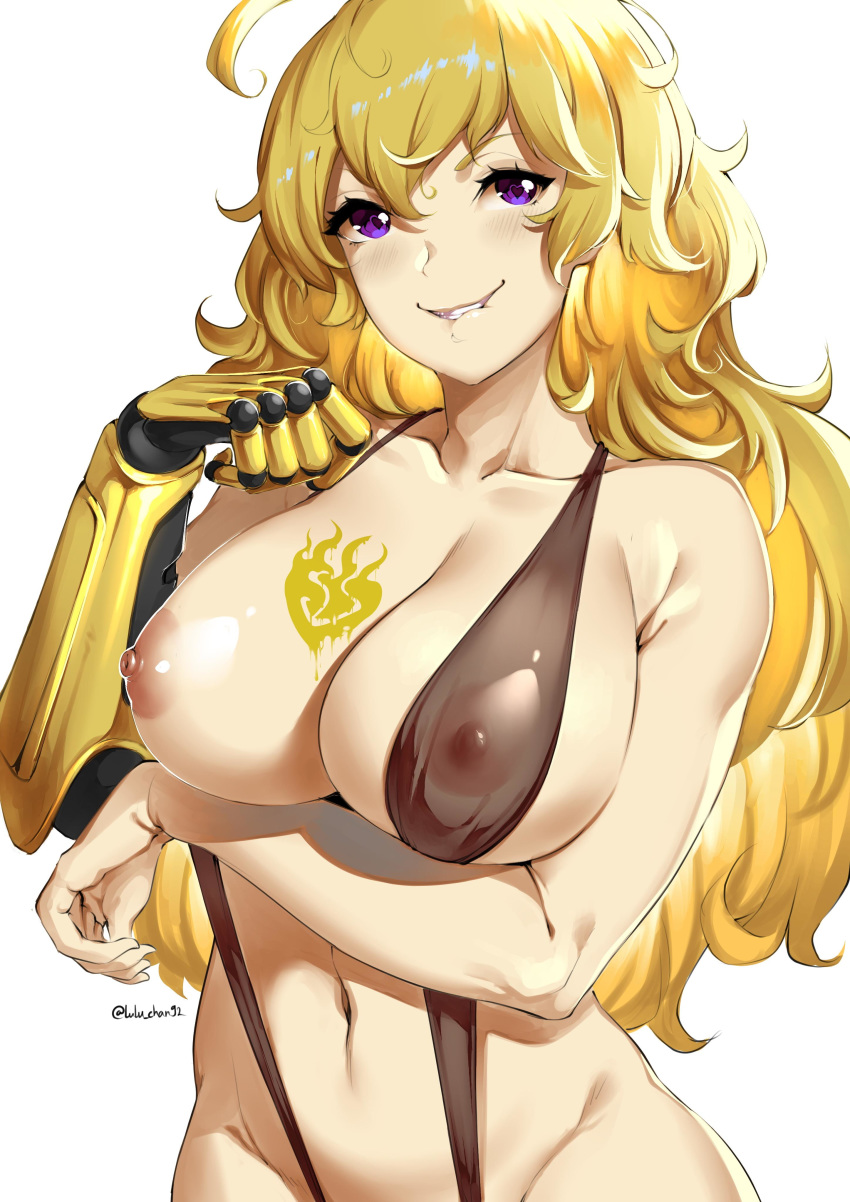1girl 1girl 1girl areola big_breasts blonde blush breasts female_only high_resolution long_hair lulu-chan92 nipples prosthesis prosthetic_arm purple_eyes robotic_arm rwby see-through_bikini sling_swimsuit smile swimsuit very_high_resolution yang_xiao_long