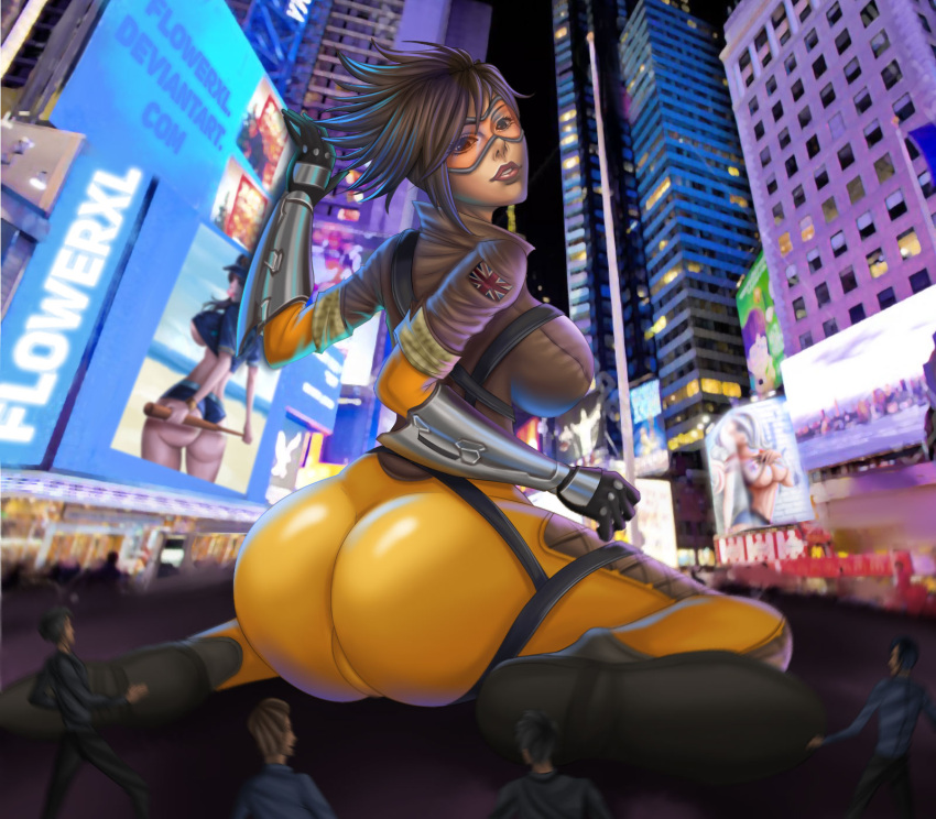 1girl 3girls batman_(series) big_breasts bigger_female blizzard_entertainment breasts brown_hair bubble_ass city city_background d.va_(overwatch) deviantart deviantart_username eyewear female_only flowerxl gloves harley_quinn huge_breasts large_ass light-skinned_female looking_at_viewer night overwatch shoes short_hair suicide_squad taller_girl thick_thighs tracer_(overwatch) union_jack video_game_character wariza
