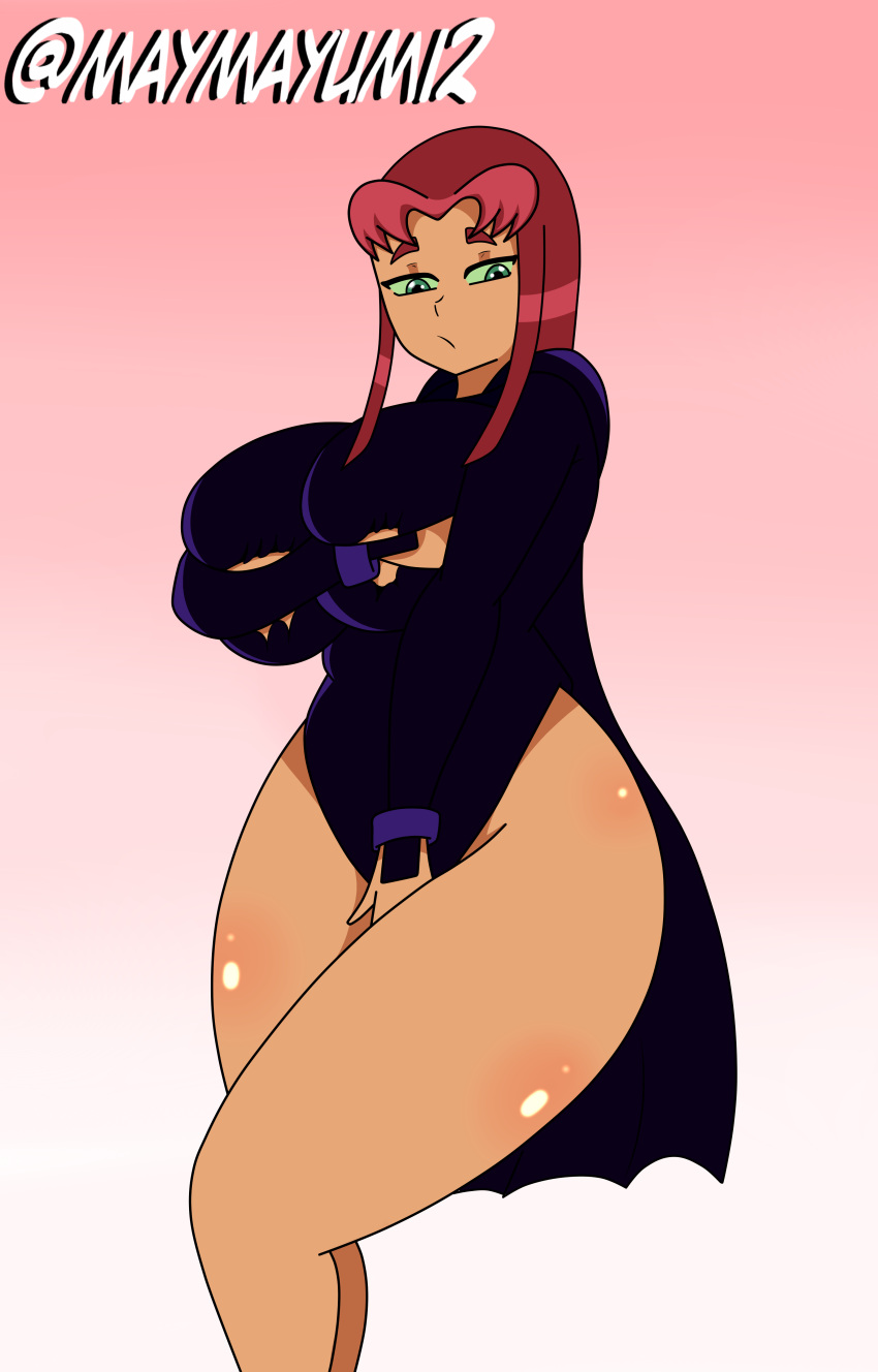 1girl 1girl big_breasts big_breasts big_breasts breasts clothed cosplay cosplay costume_switch dc_comics dc_comics female_only green_eyes huge_breasts maymayumi2 orange_body orange_skin raven_(cosplay) raven_(dc) red_eyebrows red_hair simple_background starfire stockings teen_titans thick thick_thighs thighs
