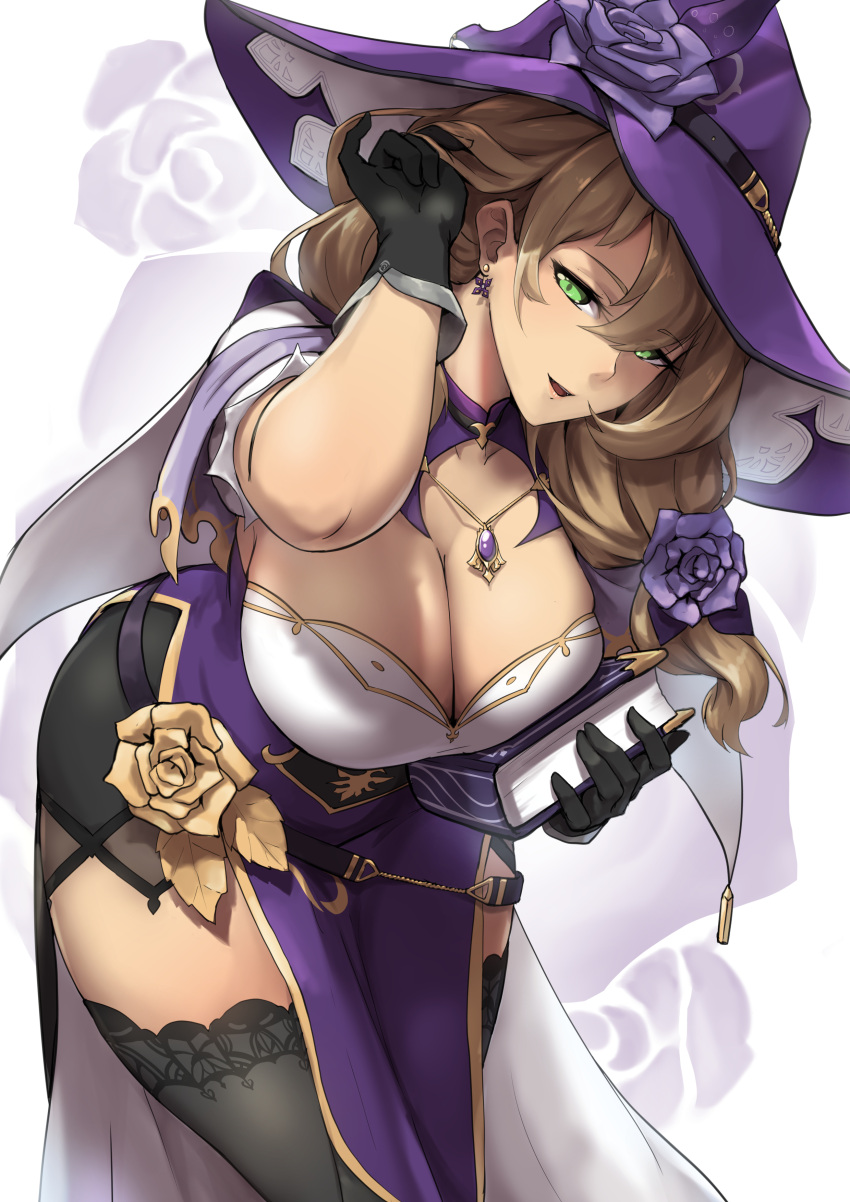 1girl bent_over big_breasts brown_hair cleavage collar curvy earrings female_only genshin_impact gloves green_eyes hat huge_breasts lisa_(genshin_impact) packge side_ponytail solo_female stockings thick voluptuous
