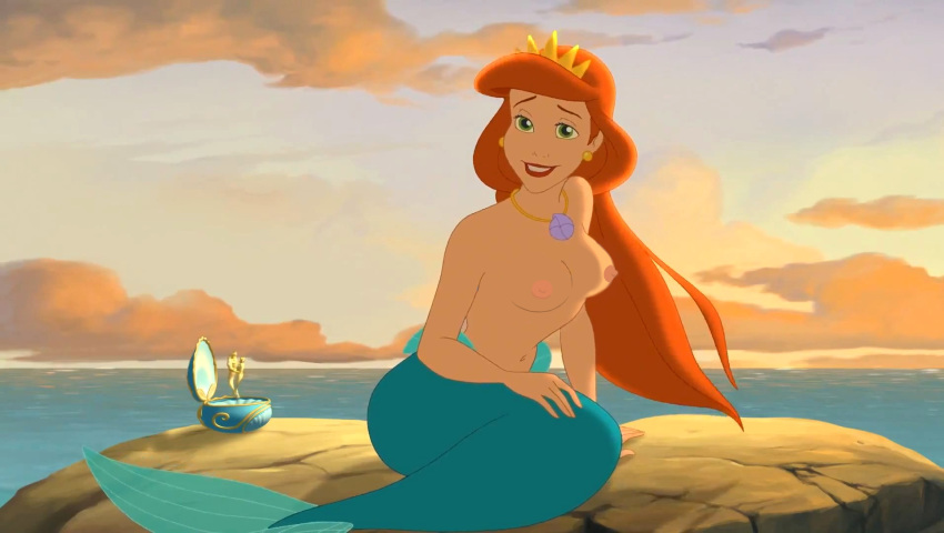 1girl bare_breasts breasts cloud crown disney earrings edit erect_nipples female_focus female_only green_eyes lips lipstick long_orange_hair mermaid milf music_box navel queen_athena rock sea shell_necklace sky smile solo_female sunset the_little_mermaid the_little_mermaid_iii:_ariel's_beginning topless