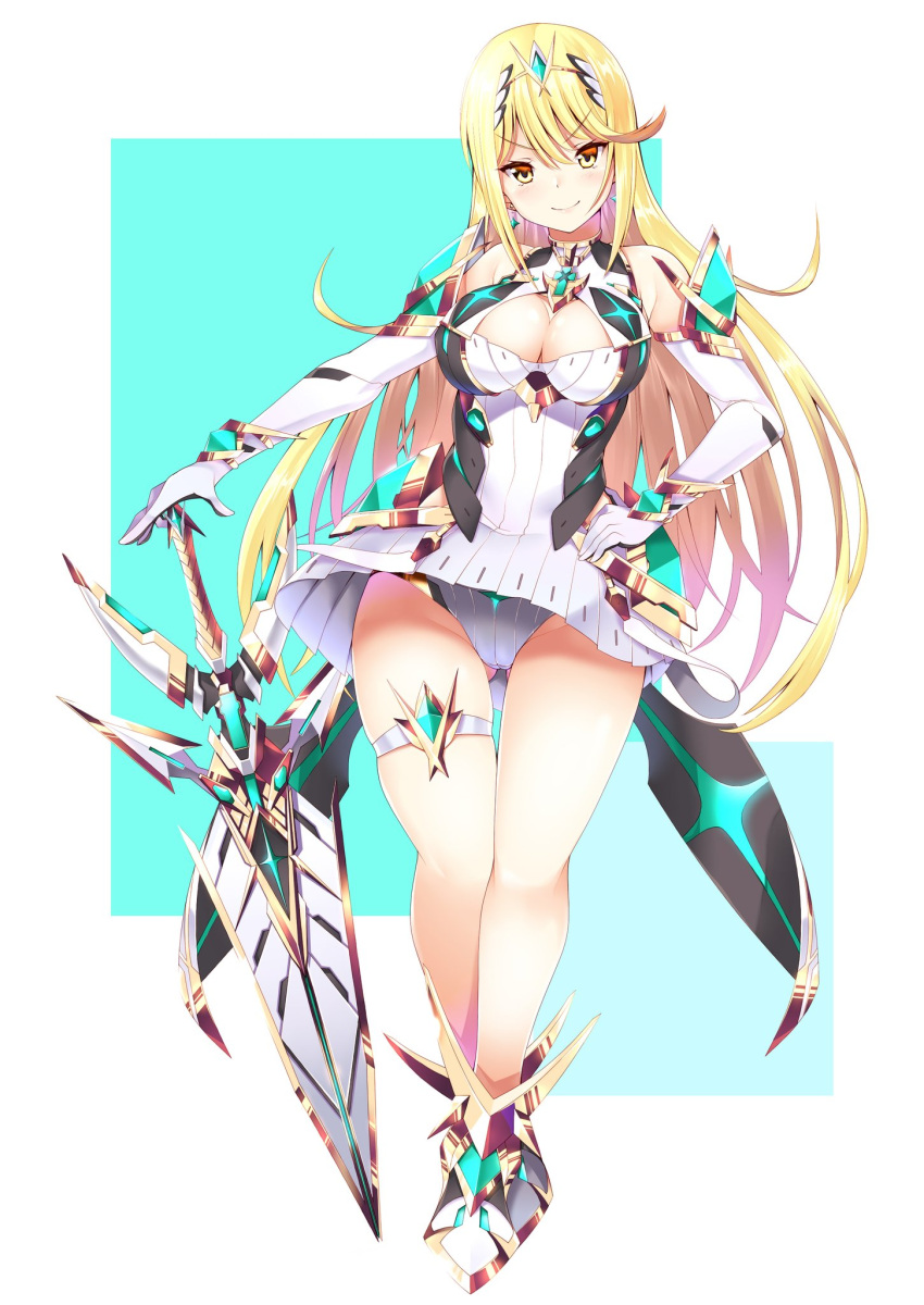 1girl absurd_res alluring big_breasts blonde_hair daive elbow_gloves gloves high_res mythra nintendo panties pantyshot skindentation sword underwear weapon xenoblade_(series) xenoblade_chronicles_2 yellow_eyes