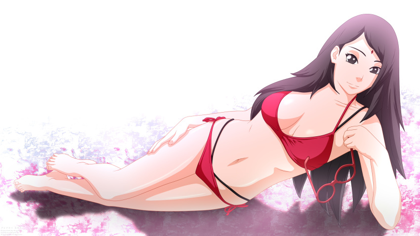 1girl aged_up alexejpetrow alluring barefoot bikini bikini_bottom bikini_top black_eyes black_hair black_panties black_thong boruto:_naruto_next_generations cleavage feet feet_together female_focus female_only g-string glasses glasses_removed grin hand_on_hip insanely_hot legs legs_together long_hair looking_at_viewer medium_breasts naruto naruto_(series) on_side pale-skinned_female pale_skin panties perky_breasts pinup pose posing red_bikini red_panties red_swimsuit sarada_uchiha shounen_jump smile solo_female solo_focus swimsuit teen thong toes voluptuous