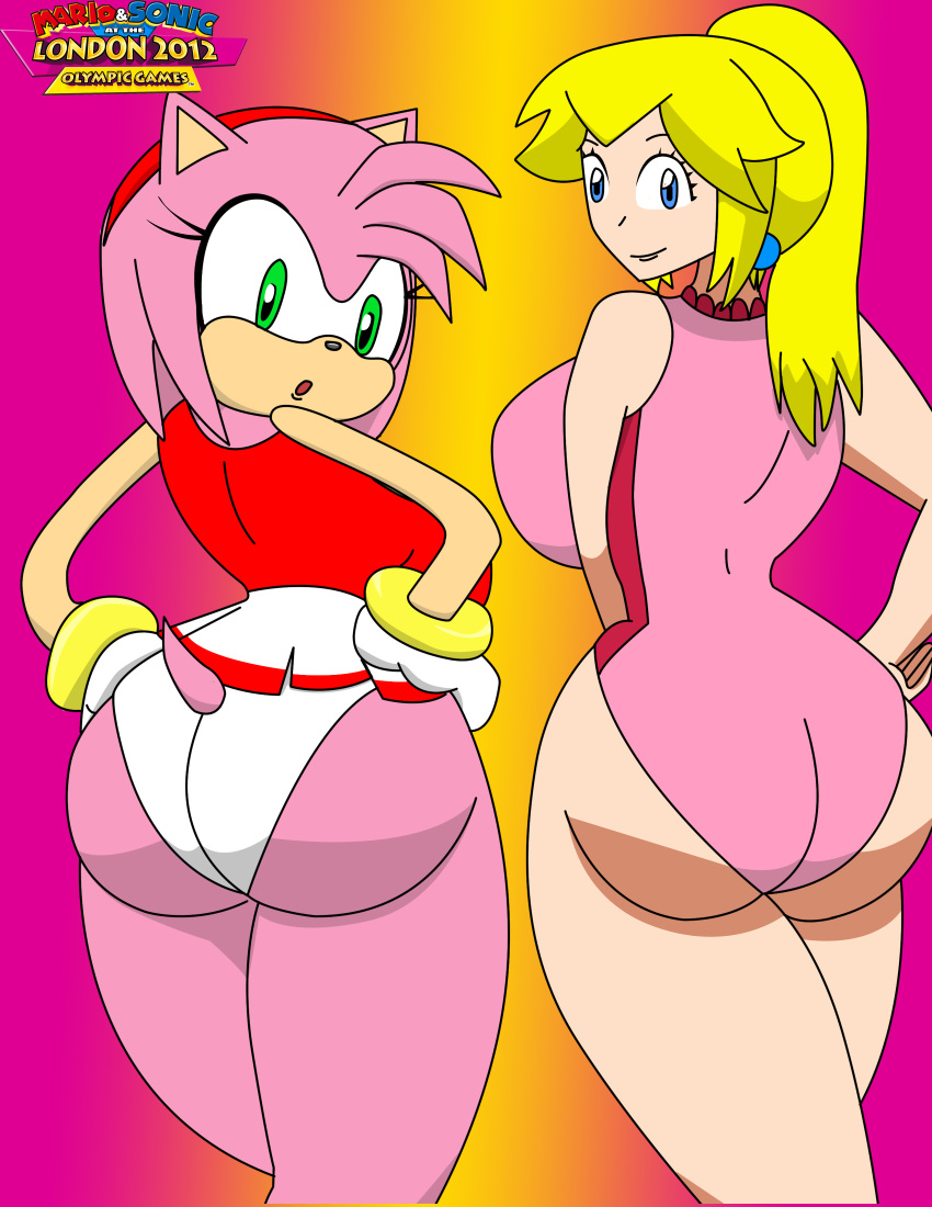 2_girls amy_rose ass big_breasts blonde_hair blue_eyes breasts crossover female_only green_eyes igphhangout looking_back pink_hair princess_peach rear_view sega sonic_*(series) sonic_the_hedgehog_(series) super_mario_bros. text