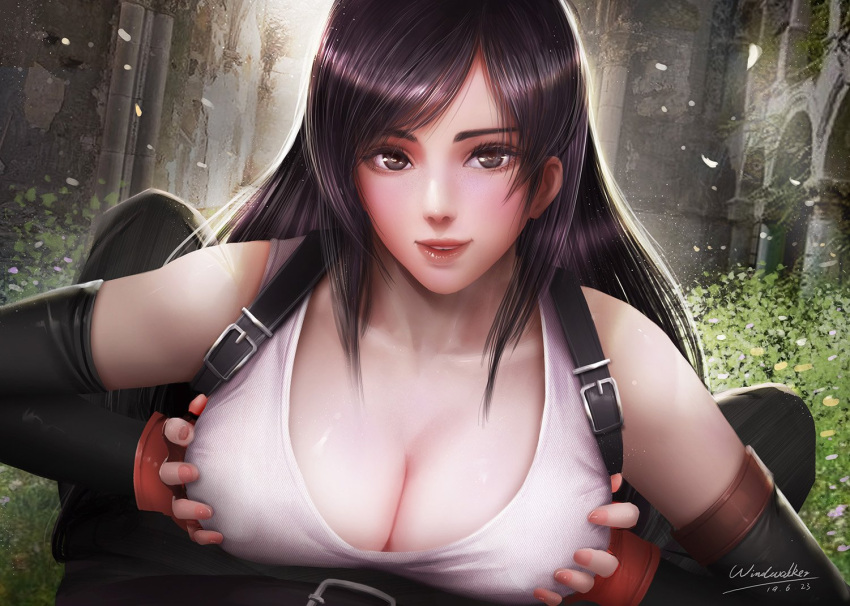 1boy 1girl big_breasts brown_eyes brown_hair clothed_female female final_fantasy final_fantasy_vii fingerless_gloves gloves long_hair male male/female straight tagme tifa_lockhart video_game_character video_game_franchise windwalker