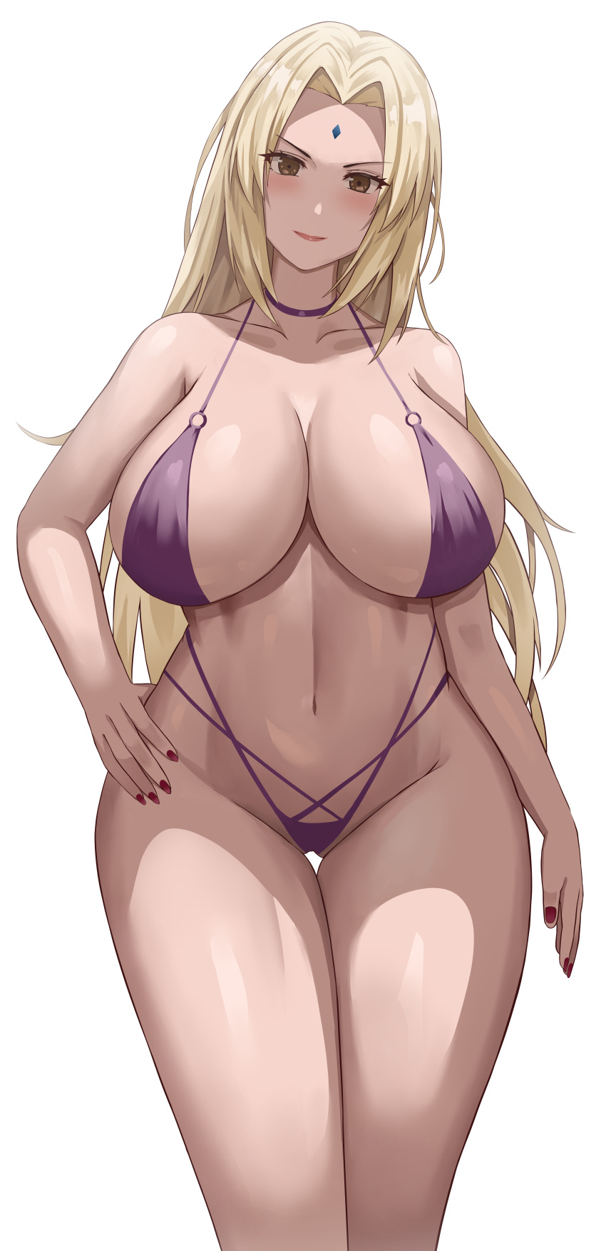 1girl 1girl 1girl 2022 absurd_res big_breasts bikini blonde_hair blush breasts brown_eyes clothed_female female_focus female_only forehead_mark hair_down hand_on_hip high_res high_res hips huge_breasts jasony long_hair looking_at_viewer mature_female naruto naruto_(series) naruto_shippuden patreon patreon_paid patreon_reward slim_waist sling_bikini smile solo_female solo_focus swimsuit tagme thick_thighs thigh_gap thighs tsunade very_high_resolution wide_hips