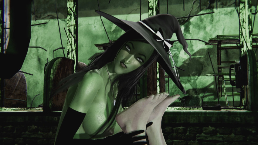 1boy 1boy1girl 1girl 3d banjo-kazooie big_breasts black_gloves black_hair black_lipstick breasts erect_nipples feet gloves green-skinned green-skinned_female green_skin gruntilda gruntilda_winkybunion halloween indoors long_hair looking_at_viewer male_feet nipples room witch witch_hat