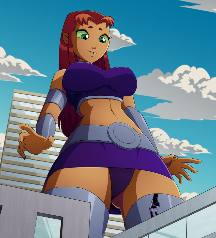1girl 2_girls ass_visible_through_thighs blackfire breasts city dc_comics female_only from_below giantess looking_down midriff panties ravenravenraven size_difference starfire teen_titans upskirt
