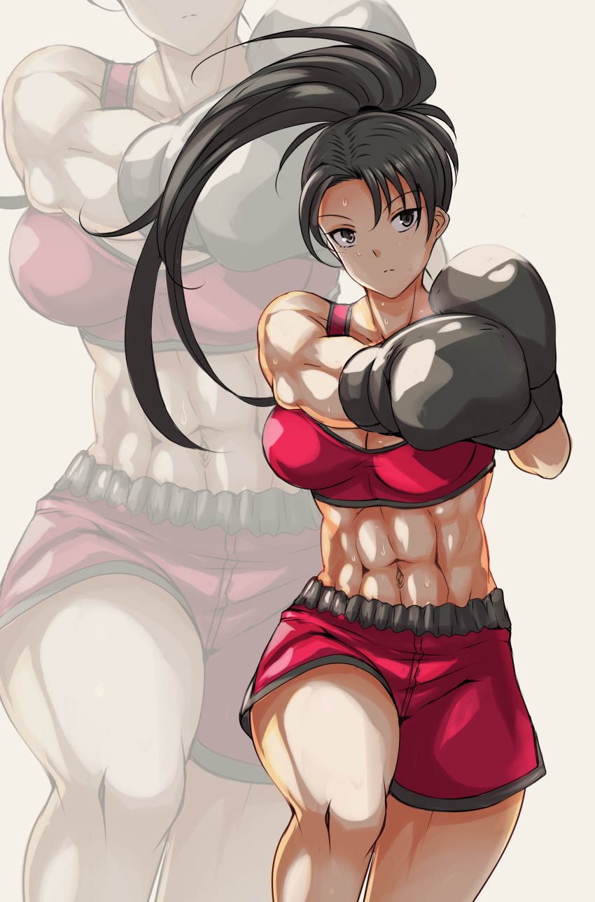 1girl abs absurd_res alluring alternate_costume athletic_female black_hair boxing boxing_gloves boxing_shorts crop_top female_abs fit_female grey_eyes high_ponytail high_res kunoichi muscular muscular_female nonoririn ponytail punching red_shorts red_tank_top shorts soul_calibur soul_calibur_ii soul_calibur_iii soulcalibur_ii soulcalibur_iii stomach sweat taki taki_(soulcalibur) tank_top thighs voluptuous