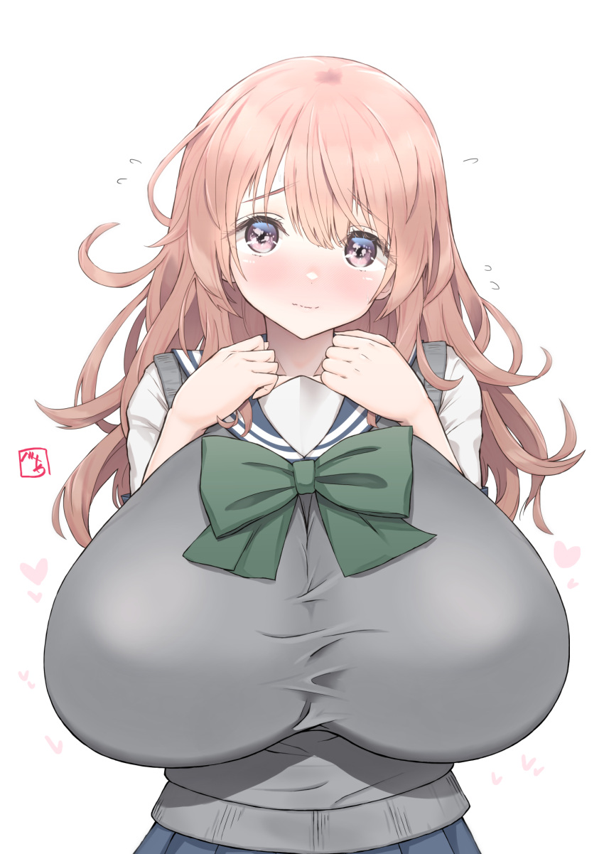 1girl 1girl 1girl big_breasts big_breasts blue_skirt bow bowtie breasts brown_eyes brown_hair clothed_female female_focus gigantic_breasts green_bow high_res huge_breasts inui_shinju long_hair massive_breasts pink_eyes pink_hair school_uniform skirt solo_female solo_focus sono_bisque_doll_wa_koi_wo_suru teen upper_body young