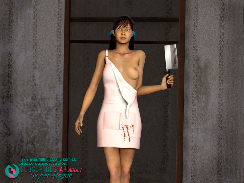 1girl 3d 3d_(artwork) alice alice_in_wonderland apron apron_only blood breast breasts breasts_out_of_clothes brunette dark exposed_breast fetish horror knive nude nudity one_breast_out skyler-rogue small_breasts young