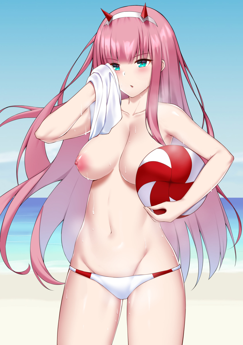 1girl ball beach beach_ball breasts clothing commission commissioner_upload darling_in_the_franxx female_only green_eyes hankerchief headband headwear high_resolution horns long_hair nipples panties pink_hair sky solo_female sweat topless topless_female towel underwear very_high_resolution volleyball zero_two_(darling_in_the_franxx)