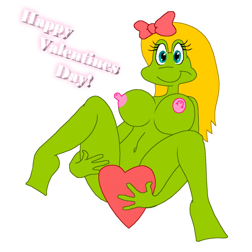 amphibian anthro big_breasts blonde_hair blue_eyes bow breasts erect_nipples hair heart long_hair nipples nude smile valentine's_day