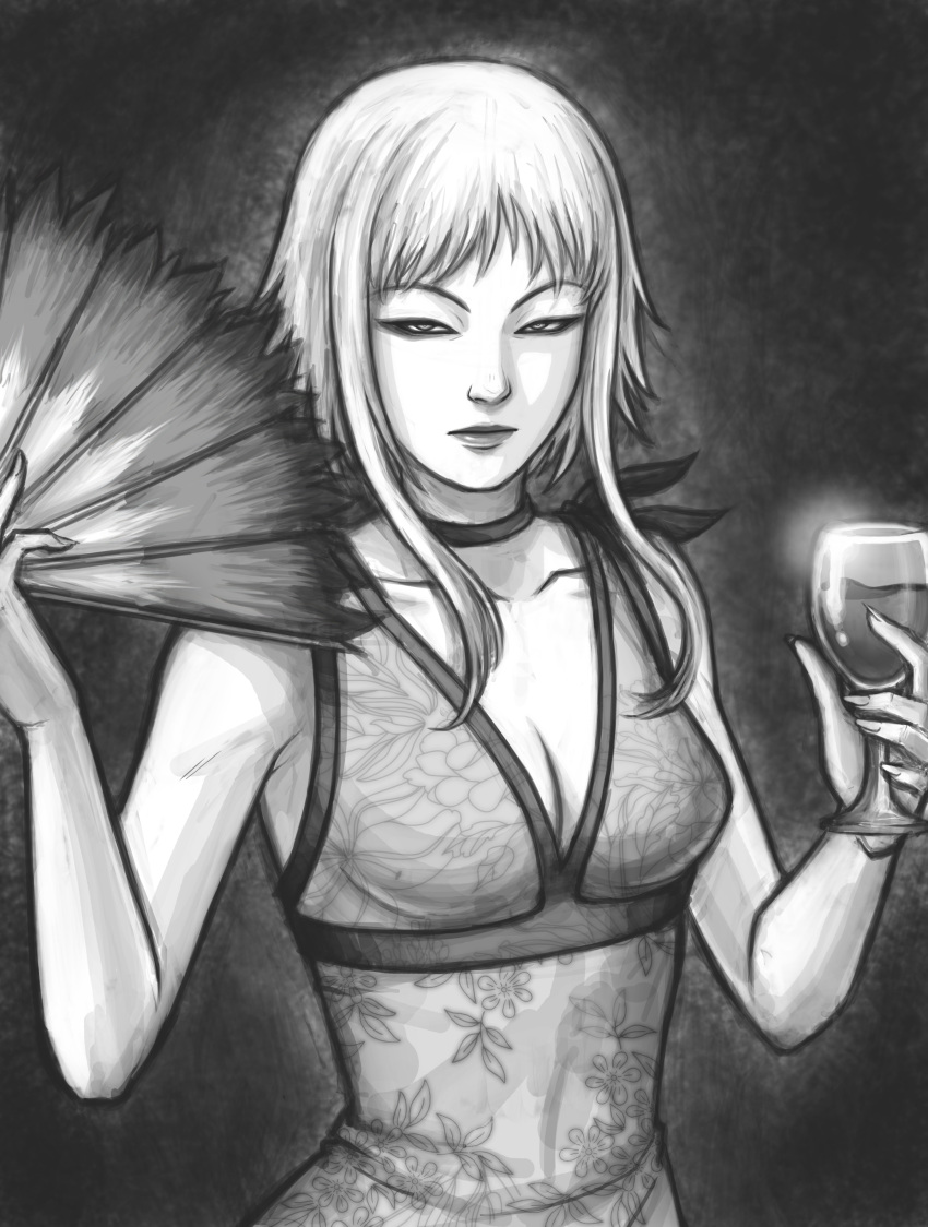 1girl 1girl bandai_namco black_and_white bladed_fan bladed_weapon clothed death_by_degrees dress fan gdaigonart glass hand_fan lana_lei medium_breasts namco namco_bandai no_color simple_background tekken twitter twitter_username wine wine_glass