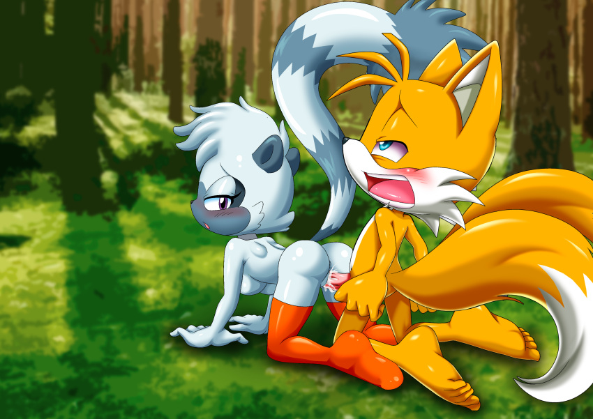 1boy 1girl all_fours animal_ears anthro bbmbbf big_breasts black_nose blue_eyes breasts cum cum_in_pussy cum_inside doggy_position edit edited from_behind furry miles_"tails"_prower mobius_unleashed outside palcomix purple_eyes sega sex socks sonic_the_hedgehog_(series) tail tangle_the_lemur vaginal vaginal_penetration white_fur yellow_fur