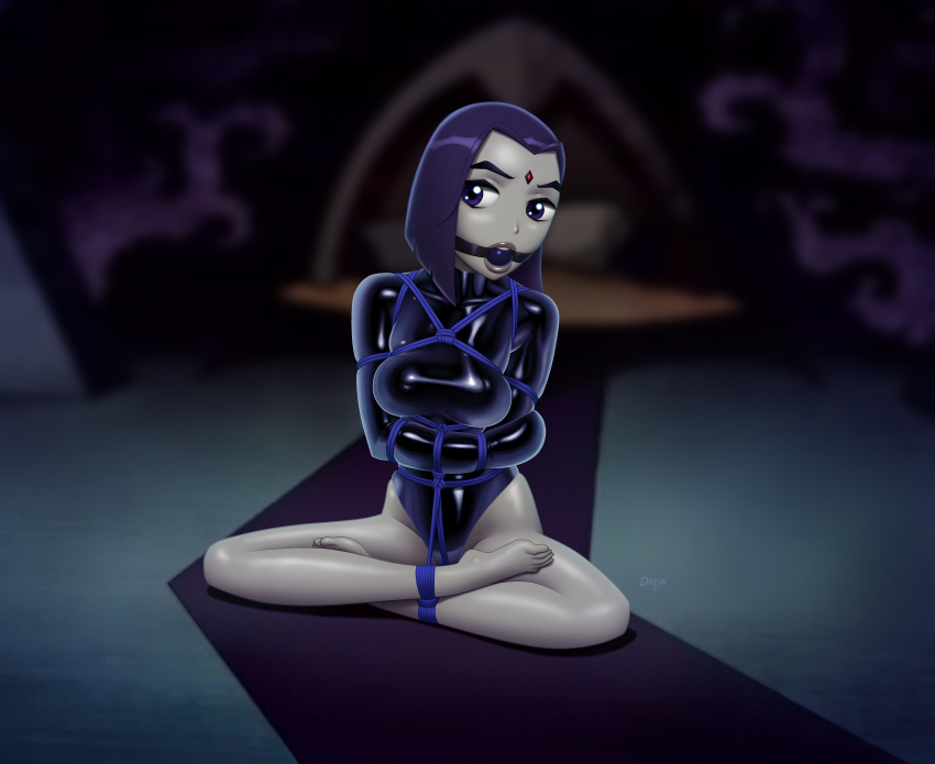 1girl abducted arms_crossed ball_gag bare_legs barefoot bondage breasts captured crotch_rope dc_comics demon_girl drew_gardner_(artist) feet gag gagged goth goth_girl helpless kidnapped latex leotard purple_eyes purple_hair raven_(dc) rope_bondage shiny_clothes short_hair straitjacket superheroine teen_titans tight_clothing toes young_adult