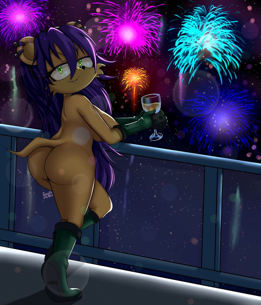 1girl 1girl absurd_res alcohol anthro archie_comics areola ass backlighting beverage big_ass big_breasts boots breasts champagne cheek_tuft clothing countershade_face countershading crooked_tail dat_ass ear_piercing earring facial_tuft fireworks footwear fur gloves green_eyes hair half-closed_eyes handwear herpestid high_res holding_glass holding_object holidays light lighting long_hair looking_at_viewer looking_back mammal mina_mongoose mongoose mostly_nude narrowed_eyes new_year night nipples nude on_one_leg outside piercing purple_hair railing rear_view saeki_makai sega signature smile sonic_the_hedgehog_(archie) sonic_the_hedgehog_(comics) sonic_the_hedgehog_(series) standing tan_body tan_countershading tan_fur three-quarter_view tuft yellow_body