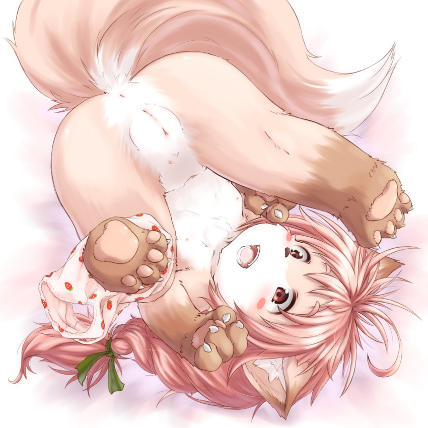 1girl animal_ears anus blush blush_stickers canine cub fat_mons female furry highres long_hair nipples nude open_mouth panties panties_around_leg pussy rai-rai smile solo strawberry_print tail uncensored underwear upside-down young