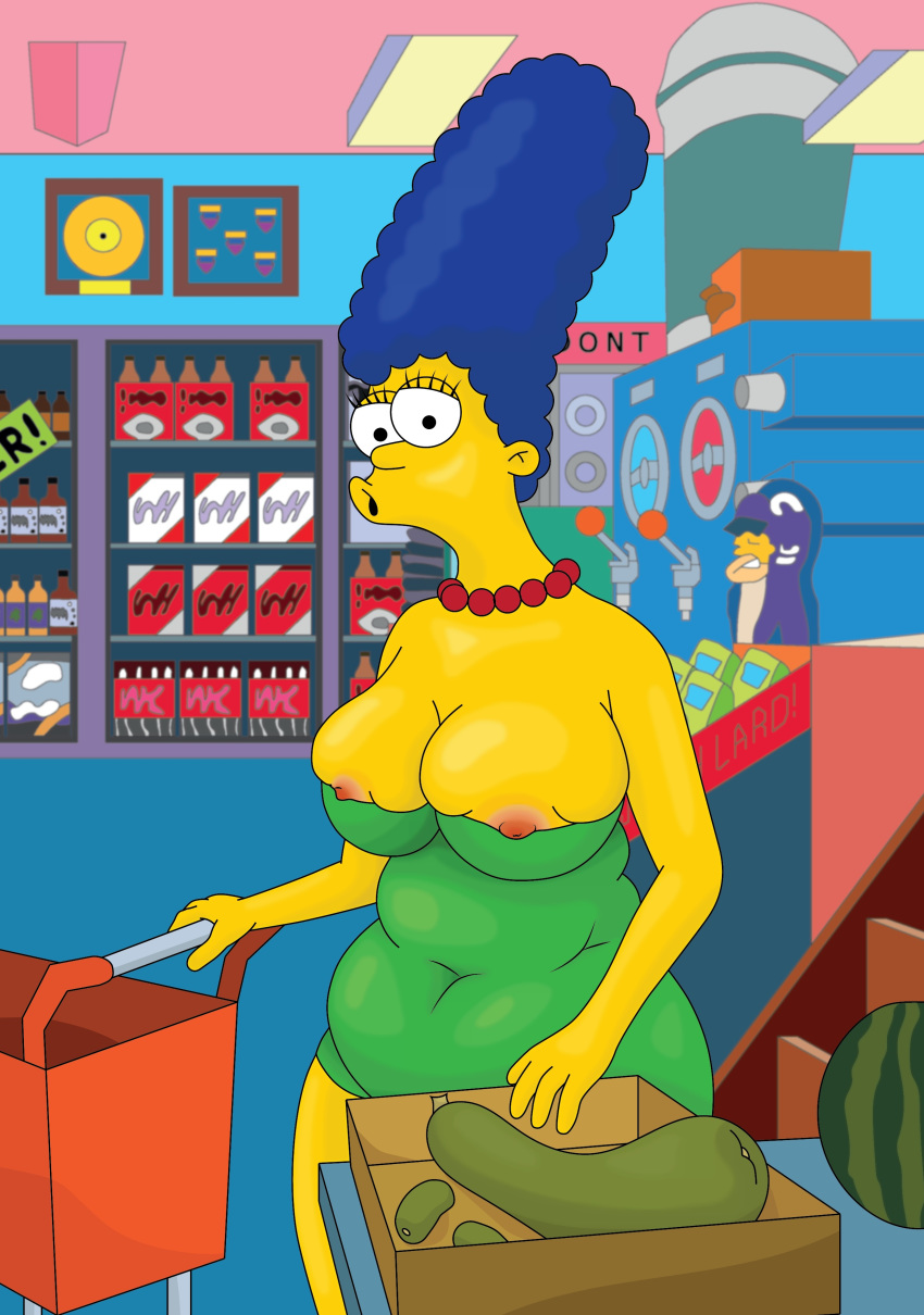 big_breasts blue_hair breasts_outside green_dress marge_simpson the_simpsons