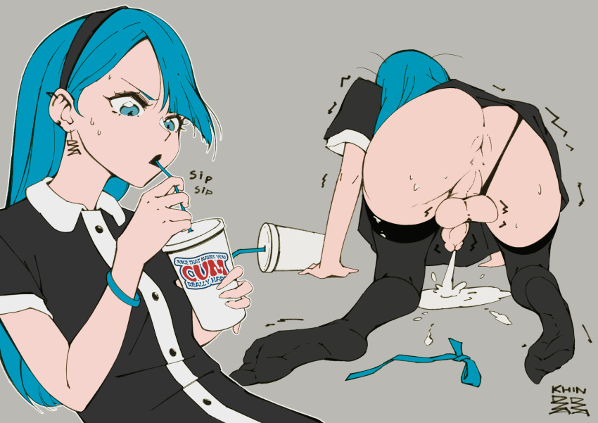 1girl all_fours anus artist_signature ass backsack balls balls_under_clothes bent_over black_lipstick blue_eyes blue_hair blush bottomless_skirt bow breasts cock-tail collapse cum cum_drip cum_inducing_juice cum_on_floor cumshot cute ear_piercing earrings ejaculation english_text erect_penis erection erection_under_clothes erection_under_skirt fishnets goth hair hair_over_one_eye hairband hands-free handsfree_ejaculation instant_loss_2koma intersex juice_that_makes_you_cum khin_(khindzadza) khindzadza large_ass long_hair looking_at_viewer on_knees onomatopoeia orgasm_without_stimulation original penis penis_out penis_ribbon penis_under_clothes penis_under_skirt posing ribbon shaking signature simple_background skirt small_breasts small_penis spontaneous_ejaculation spontaneous_orgasm stockings sucking taint testicle text thong thong_aside transgender trembling trembling_penis uncut wide_hips