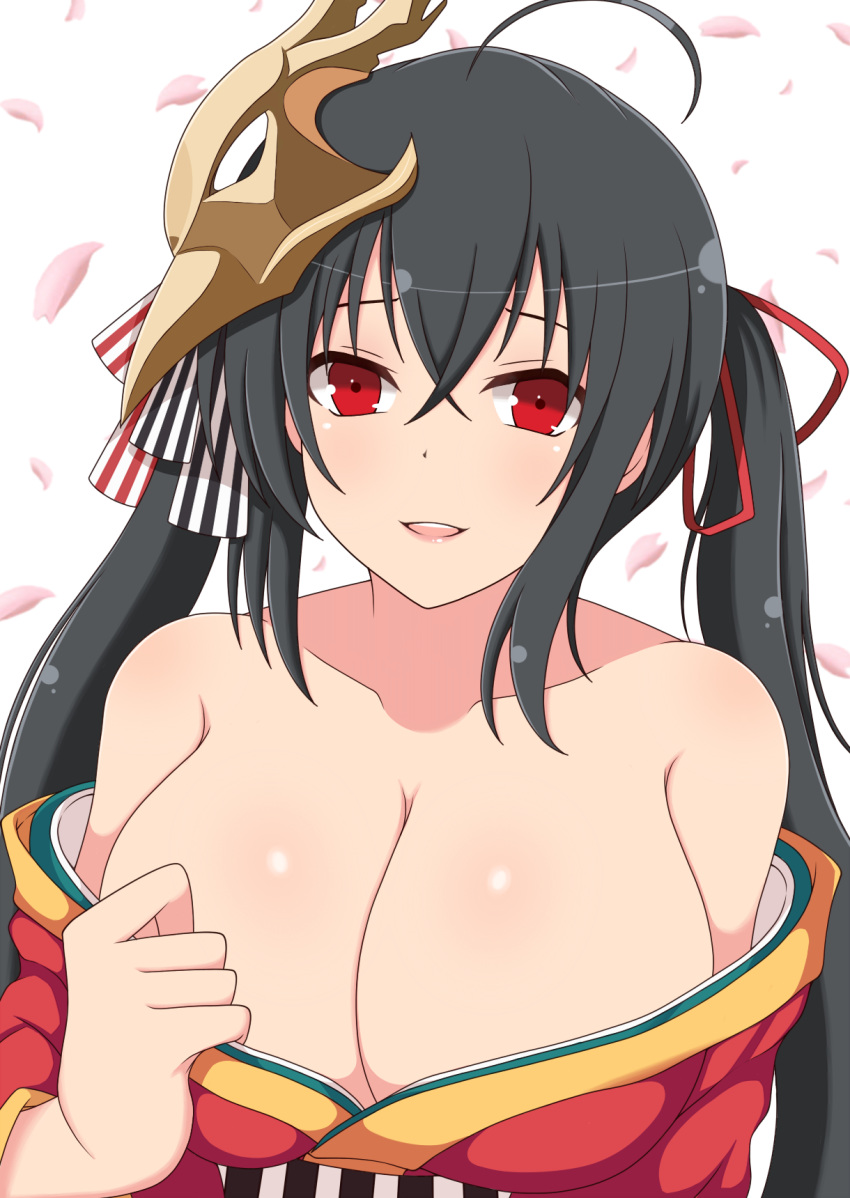1girl ahoge azur_lane bangs bare_shoulders black_hair blush breasts cleavage cute hair_between_eyes hair_ornament hair_ribbon huge_breasts japanese_clothes kimono long_hair looking_at_viewer open_mouth parted_lips red_eyes red_kimono simple_background smile taihou_(azur_lane) very_long_hair white_background