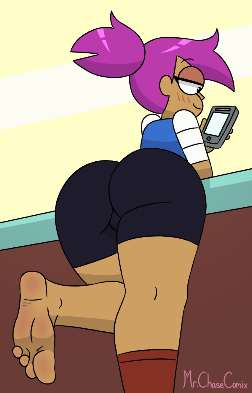 1girl ass blush boot cartoon_network enid enid_mettle female_only foot foot_fetish mr._chase_comix ok_k.o.!_let's_be_heroes shorts smartphone sole solo_female thighs toes violet_hair