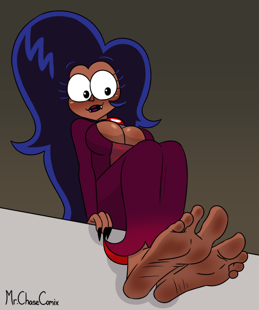1girl barefoot cartoon_network cleavage dark_hair fangs feet female_only foot_fetish long_nails milf mr._chase_comix nails ok_k.o.!_let's_be_heroes smile soles solo_female wilhamena