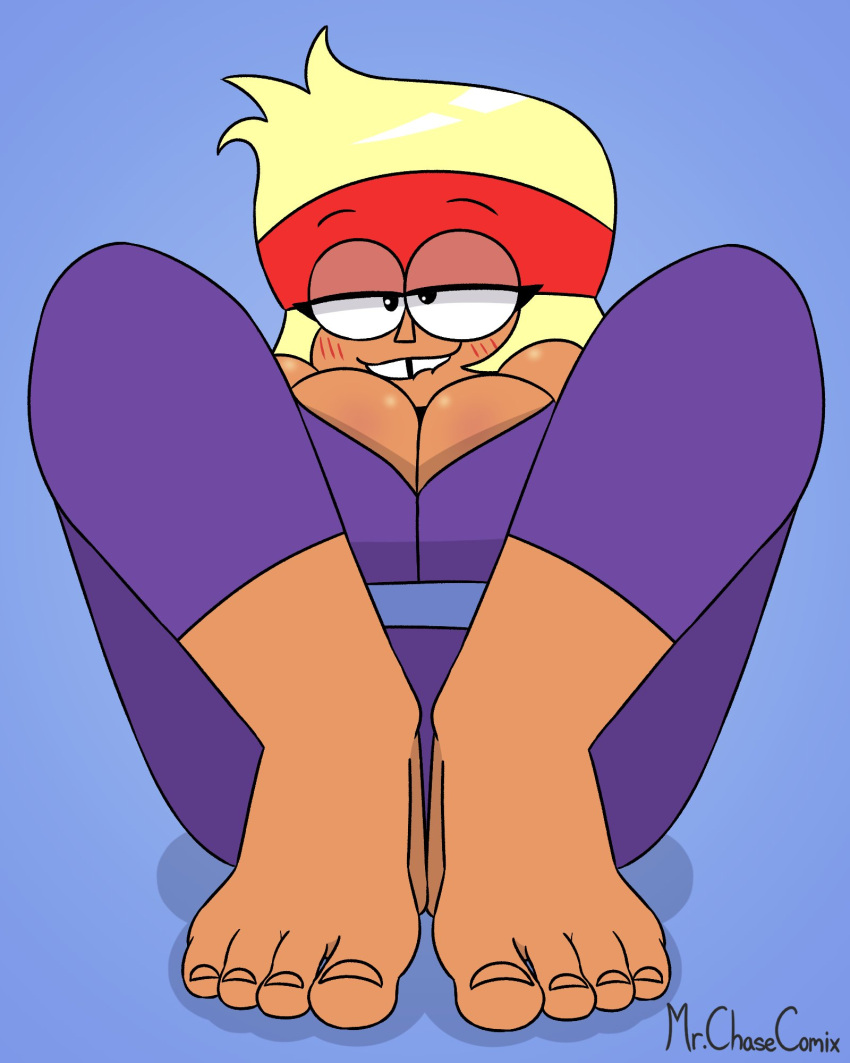 1girl blonde_hair blush carol_kincaid cartoon_network cleavage feet female_only foot_fetish jumpsuit milf mr._chase_comix ok_k.o.!_let's_be_heroes red_headband smile solo_female tooth_gap