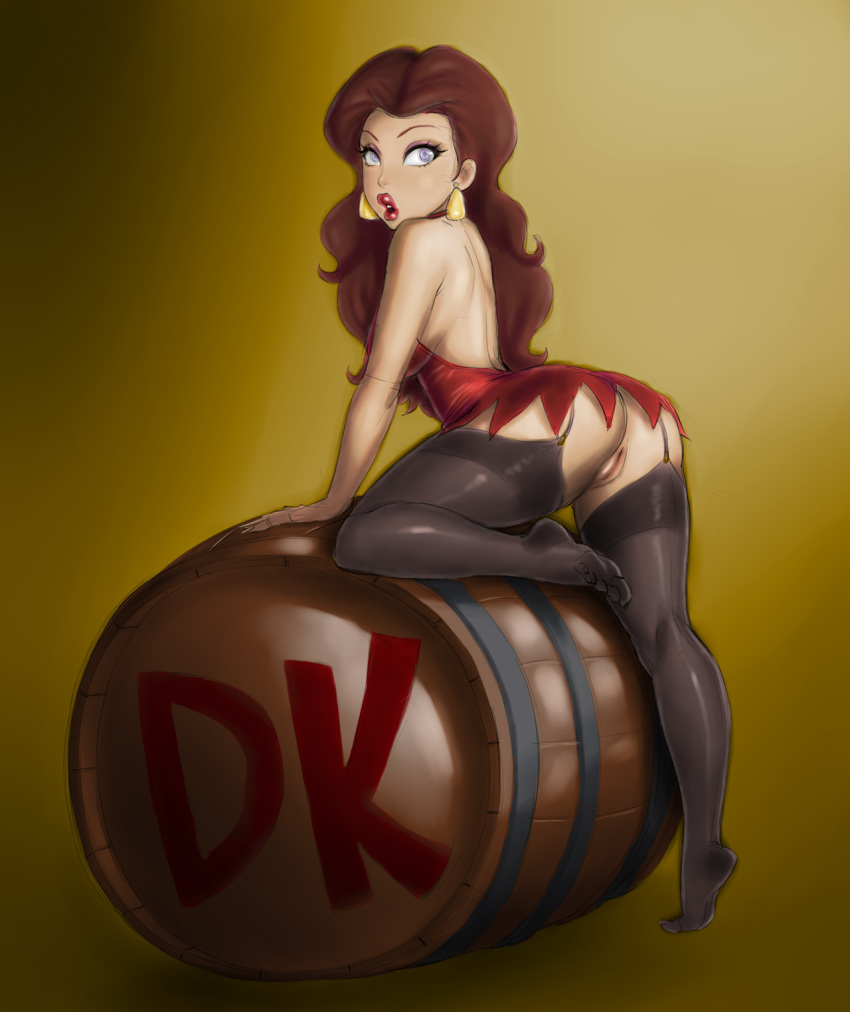 1girl ass barrel bent_over black_legwear blue_eyes brown_hair collaboration colored donkey_kong_(game) donkey_kong_(series) dress earrings eyelashes eyeshadow garter_straps highres jewelry leggings legoman lips lipstick lm_(legoman) long_hair looking_back makeup mario_(series) nintendo no_panties open_mouth pauline puckered_lips pussy red_dress short_dress solo soubriquetrouge sr super_mario_bros. thighhighs tiptoes uncensored