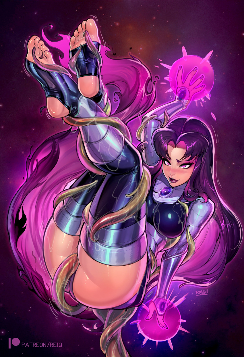 1girl armored_gloves artist_name ass big_breasts blackfire breasts clothed clothed_breasts clothed_female clothing comic_book_character dc_comics feet feet_up female_focus female_only komand'r legs legs_up lipstick long_hair looking_at_viewer panties pantyshot pink_hair purple_background purple_eyes purple_hair purple_lipstick reiq shiny shiny_skin smile solo_female solo_focus stockings teen_titans tentacle thick_thighs thighs tight_clothes tight_clothing toe_ring toeless_legwear very_long_hair