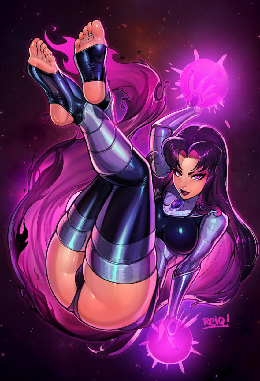 1girl armored_gloves artist_name ass big_breasts blackfire breasts clothed clothed_breasts clothed_female clothing comic_book_character dc_comics feet feet_up female_focus female_only komand'r legs legs_up lipstick long_hair looking_at_viewer panties pantyshot pink_hair purple_background purple_eyes purple_hair purple_lipstick reiq shiny shiny_skin smile solo_female solo_focus stockings teen_titans thick_thighs thighs tight_clothes tight_clothing toe_ring toeless_legwear very_long_hair
