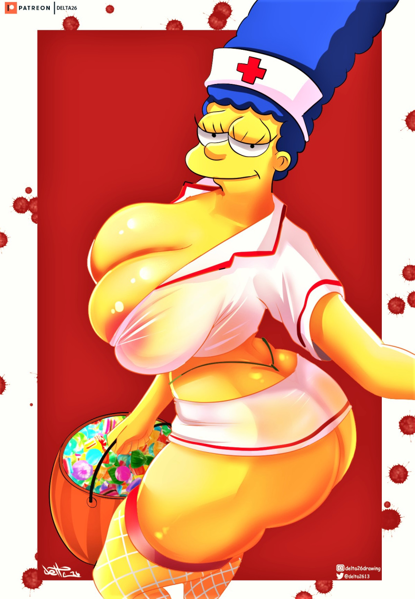 ass cosplay huge_breasts marge_simpson nipples nurse see-through stockings the_simpsons thighs