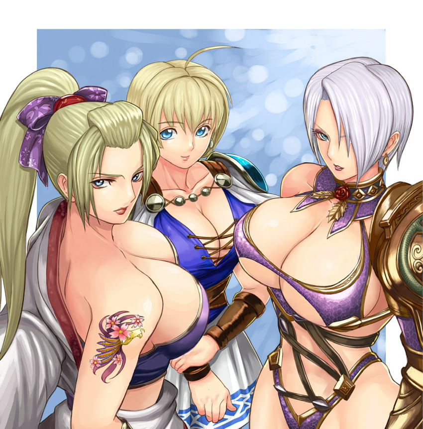 3_girls ahoge arm_tattoo asymmetrical_clothes asymmetrical_gloves big_breasts blonde_hair blue_eyes breasts cleavage clothed_female earrings female_focus female_only gauntlet hair_over_one_eye ibanen isabella_valentine kimono long_hair looking_at_viewer mature mature_female pauldrons ponytail project_soul purple_bra purple_lingerie purple_thong setsuka short_hair skimpy sophitia_alexandra soul_calibur soul_calibur_ii soul_calibur_iii soul_calibur_iv soul_calibur_v soul_calibur_vi straps tattoo_on_arm under_boob video_game_character video_game_franchise white_hair white_skirt
