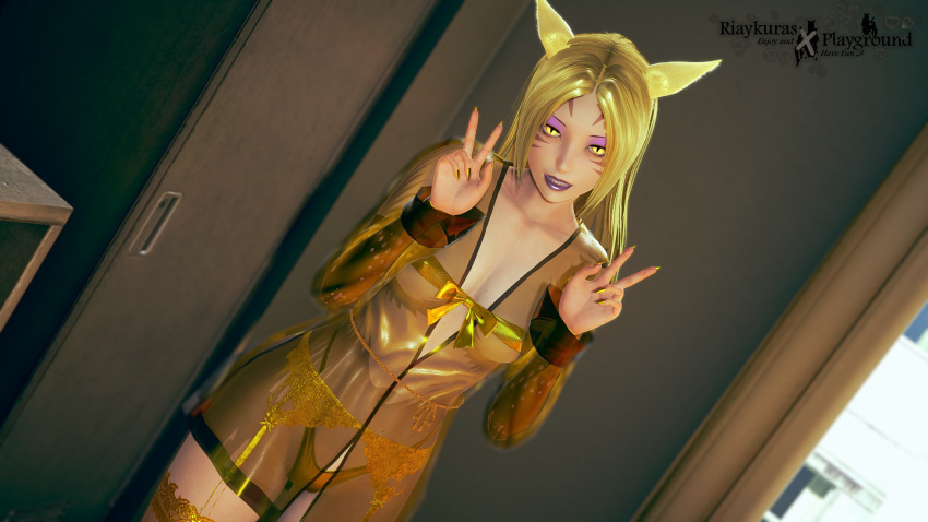 1girl 3d 3d_model blonde_female blonde_hair cat_ears cat_girl cat_humanoid colored_nails double_v eyeshadow face_markings female_only ffxiv final_fantasy final_fantasy_xiv golden_clothing golden_eyes golden_lingerie golden_nail_polish golden_nails golden_panties golden_stocking grin lingerie miqo'te nail_polish nails panties purple_eyeshadow purple_lips purple_lipstick riaykuras_playground ribbon smile smiling_at_viewer solo_female standing stockings transparent_clothing ultraviira_donnerauge underwear v warrior_of_light_(final_fantasy_xiv)