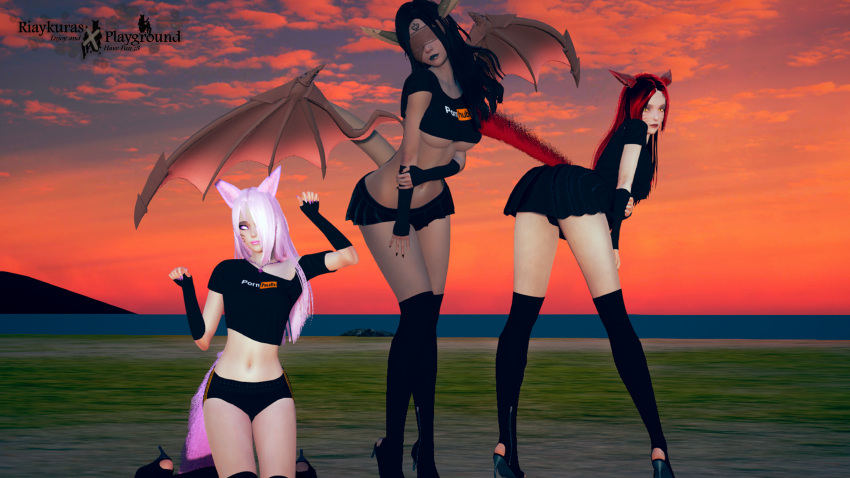 3_girls 3d 3d_model 3females belly_button black_boots black_clothes black_clothing black_eyeshadow black_gloves black_hair black_hotpants black_legwear black_lips black_lipstick black_nail_polish black_nails black_skirt blind blindfold blindfolded boots brown_body brown_skin cat_ears cat_girl cat_humanoid cat_tail clothed clothed_female dark-skinned_female dark_hair dark_skin demon demon_girl demon_wings demoness exxora eyeshadow face_markings females_only final_fantasy final_fantasy_xiv fingerless_gloves fox_ears fox_girl fox_humanoid fox_tail gloves group heart_tattoo high_heel_boots high_heels hotpants island kneel legs leona_phoenix long_ears looking_at_viewer looking_back_at_viewer miqo'te multiple_females multiple_girls multiple_people nails on_knees orange_eyes paw_pose pink_eyes pink_hair pink_lips pink_lipstick pink_nail_polish pink_tail pornhub pornhub_shirt posing presenting presenting_hindquarters red_lips red_lipstick red_sky red_tail riaykura riaykuras_playground skirt standing sunset t-shirt tail tattoo_on_face under_boob winged_humanoid wings