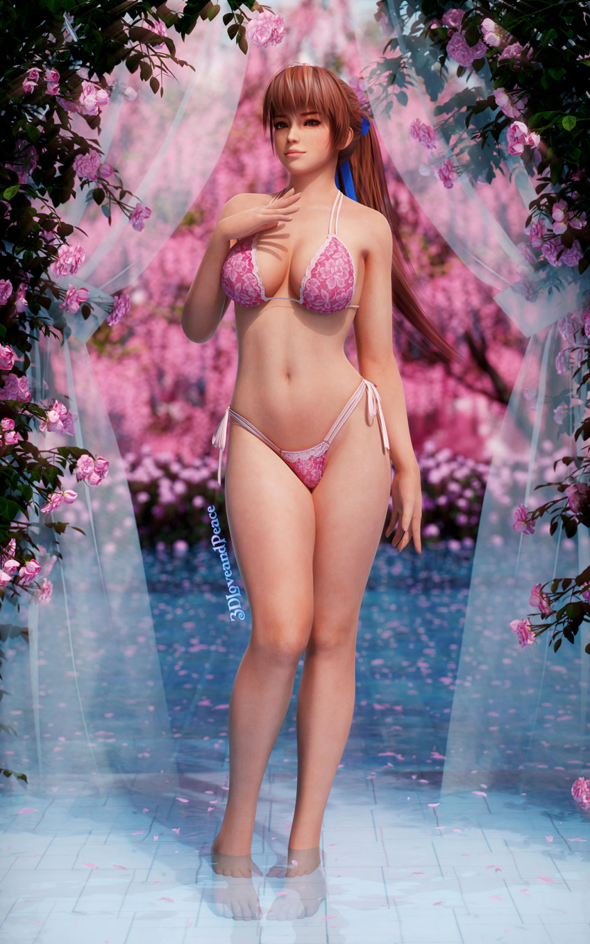 1girl 3d 3dloveandpeace alluring auburn_hair big_breasts bikini brown_eyes cleavage dead_or_alive female_only kasumi kasumi_(doa) light-skinned_female ponytail standing_in_water tecmo voluptuous