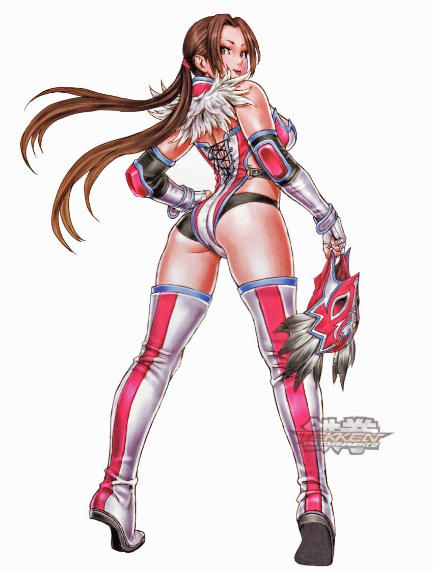 1girl absurd_res alluring alternate_costume ass boots breasts brown_eyes brown_hair elbow_pads full_body high_res jaycee_(tekken) julia_chang legs long_hair long_legs looking_back mask mask_removed namco non-web_source official_art stockings tekken tekken_tag_tournament_2 thigh_high_boots thighs twin_tails voluptuous wrestling_outfit yamashita_shun'ya