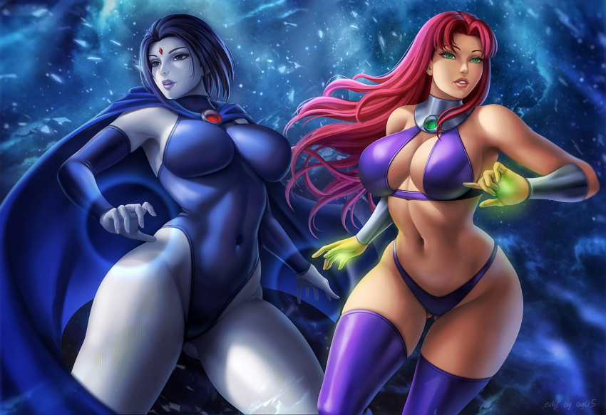 1girl 2_girls 5_fingers alien alien_girl alternate_version_available belly_button belt big_breasts big_breasts big_breasts bikini bikini_bottom bikini_top blue_eyes blue_hair bracelet bracelets breasts cape cleavage clothed clothed_female clothes clothing collar cosplay curvaceous curvy curvy_figure dark_hair dc_comics dc_comics eyelashes eyeshadow female_only flowerxl forehead_jewel glowing_eyes green_eyes grey_skin grin hair happy hourglass_figure humanoid leotard lipstick long_hair looking_away makeup medium_hair midriff multiple_females multiple_girls navel no_bra no_panties no_underwear og05 open_eyes orange_skin outfit purple_lips purple_lipstick purple_thighhighs raven_(dc) red_hair revealing_clothes round_ears simple_background skimpy_clothes smile starfire stockings stomach superheroine swimsuit tamaranean teen_titans teeth thick_thighs thin_waist tight_clothing uncensored uniform very_long_hair voluptuous wide_hips