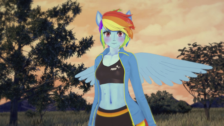 16:9 1girl animal_ears anime anthro before_sex belly belly_button blue_skin blush closed_mouth clothed female_focus fit_girl hentai looking_at_viewer medium_hair my_little_pony navel open_eyes outside rainbow_dash_(mlp) rainbow_hair solo_female solo_focus standing wings