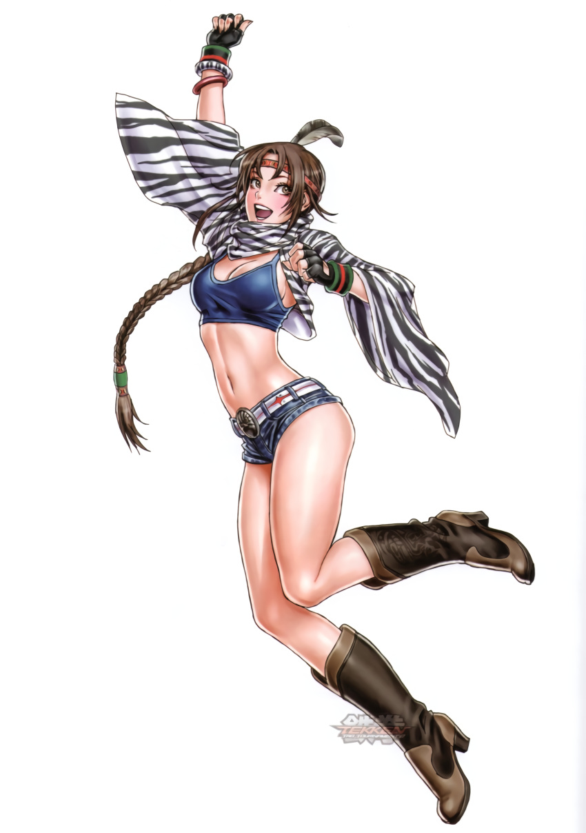 1girl ass bare_legs boots bracelet braid breasts brown_eyes brown_hair cleavage cowboy_boots crop_top cropped_jacket denim denim_shorts fingerless_gloves full_body gloves headdress high_res jacket jewelry knee_boots long_hair medium_breasts michelle_chang midriff namco native_american_headdress official_art open_clothes open_jacket scarf shirt short_shorts shorts taut_clothes taut_shirt tekken tekken_1 tekken_2 tekken_tag_tournament tekken_tag_tournament_2 voluptuous yamashita_shun'ya