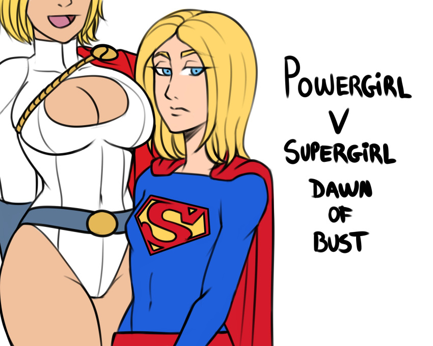 1girl 2_girls belt big_breasts blonde_hair blue_eyes breast_envy breasts cape cleavage cleavage_cutout clothing clothing_cutout dc_comics english_text frank_draws head_out_of_frame high_resolution leotard looking_at_viewer multiple_girls power_girl short_hair supergirl superhero text white_background