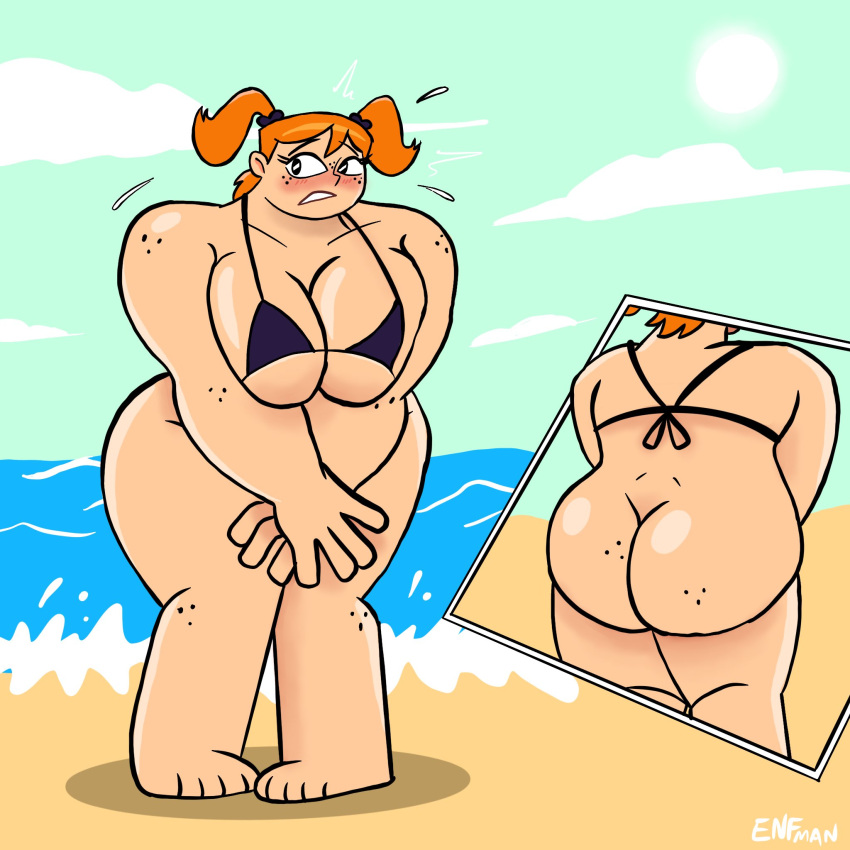 1girl ass beach big_ass big_breasts bikini blush bottomless breasts bubble_butt cleavage covering covering_crotch embarrassed embarrassed_nude_female embarrassing enf female_only freckles muscle muscular_female my_life_as_a_teenage_robot nickelodeon orange_hair red_hair shiny shiny_skin solo_female solo_focus tall_female thenfman xj-8