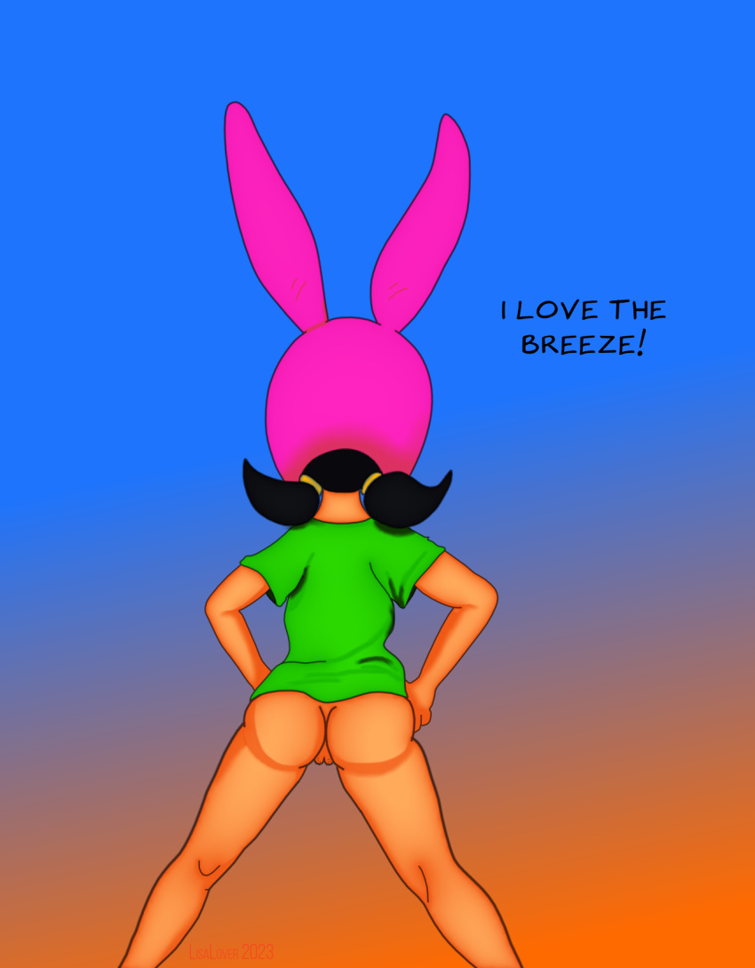 1girl aged_up ass bare_ass behind_view bob's_burgers bottomless clothed clothing female female_only gradient_background green_shirt hands_on_hips headwear lisalover louise_belcher pigtails pussy shirt short_hair simple_background solo spread_legs standing