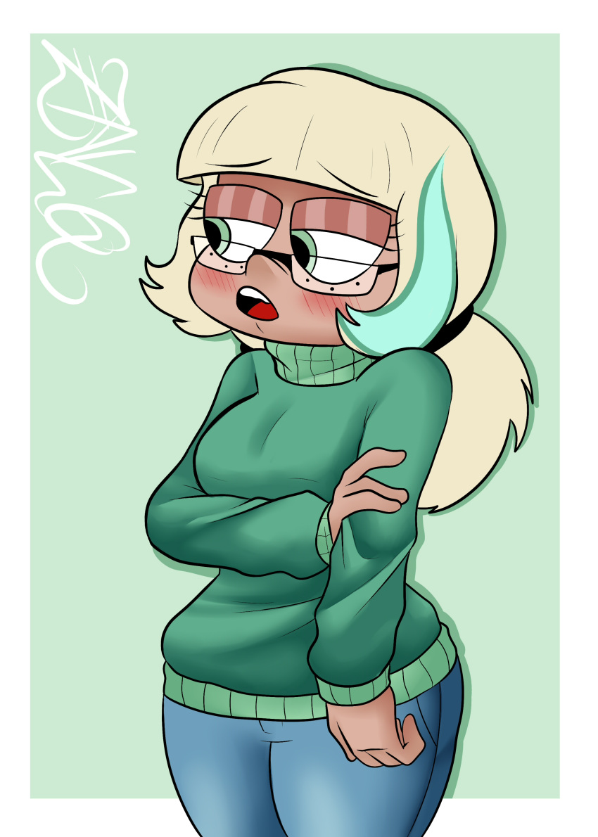 1girl blush breasts clothed clothing disney disney_channel disney_xd female female_only fully_clothed glasses green_background green_sweater holding_arm jackie_lynn_thomas looking_at_side nerd nerdy_female open_mouth simple_background solo star_vs_the_forces_of_evil sweater thighs two-tone_hair very_high_resolution zaicomaster14
