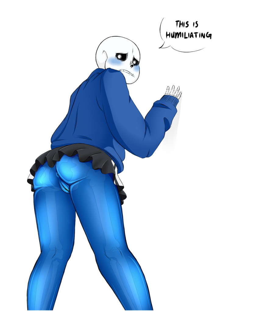 1girl 2010s 2018 2d 2d_(artwork) animated_skeleton anus ass blue_anus blue_ass blue_blush blue_body blue_butt blue_pussy blush bottom_sans bottomless bottomless_skirt butt digital_media_(artwork) duplicate ectobody ectobutt ectopussy english_text feet_out_of_frame genderswap genderswap_(mtf) humiliated humiliation looking_at_viewer looking_back lower_resolution_duplicate monster no_panties nsfwgarbagedump presenting_anus presenting_pussy pussy rule_63 sans sans_(undertale) simple_background skeleton skirt solo speech_bubble text text_bubble uke_sans undead under_skirt undertale undertale_(series) video_games white_background