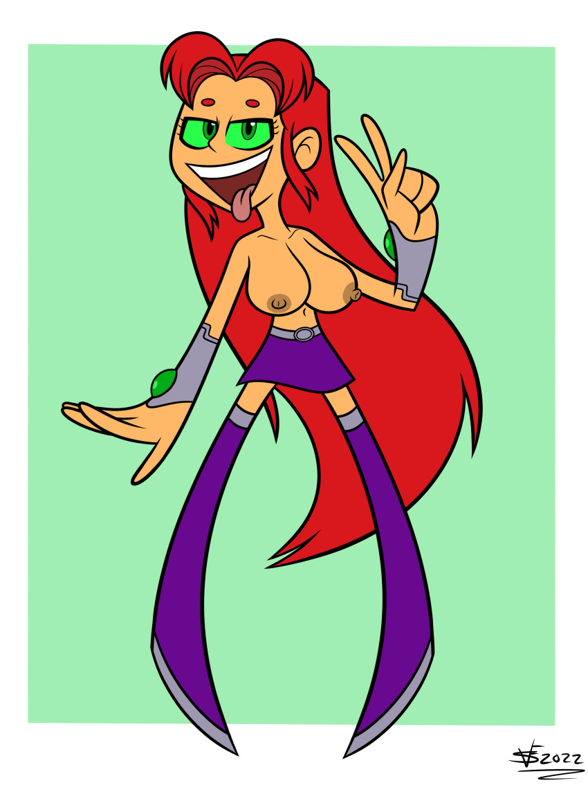 1girl ahe_gao alien alien_girl alternate_version_available big_breasts breasts curvy cute dc_comics female_only huge_breasts naughtymex nipples no_bra red_hair skirt solo_female solo_focus starfire teen_titans tongue topless topless_female v