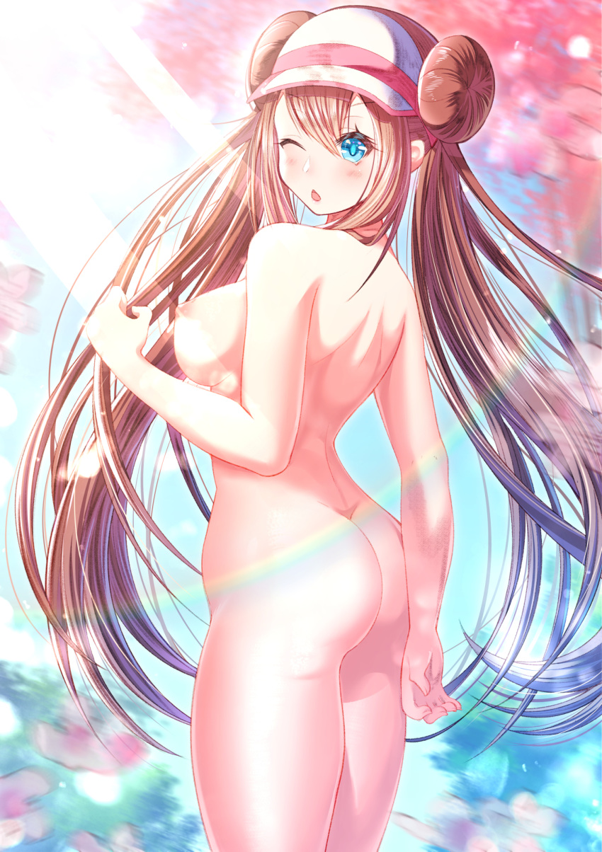 1girl 1girl 1girl ass bangs blue_eyes blue_sky blurry blurry_background blush breasts brown_hair bushes day double_bun eyebrows_visible_through_hair from_behind hand_up high_resolution jiaxi_daze light_rays long_hair medium_breasts nipples nude one_eye_closed open_mouth outside pink_headwear pokemon pokemon_(game) pokemon_black_2_&amp;_white_2 pokemon_character protagonist_(pokemon) rosa_(pokemon) shiny shiny_hair sky standing sunbeam sunlight tied_hair tree twin_tails very_long_hair visor_cap
