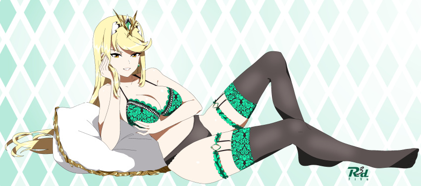 1girl alluring big_breasts blonde_hair bra cleavage high_heels lingerie mythra nintendo on_pillow panties r3dfive stockings xenoblade_(series) xenoblade_chronicles_2