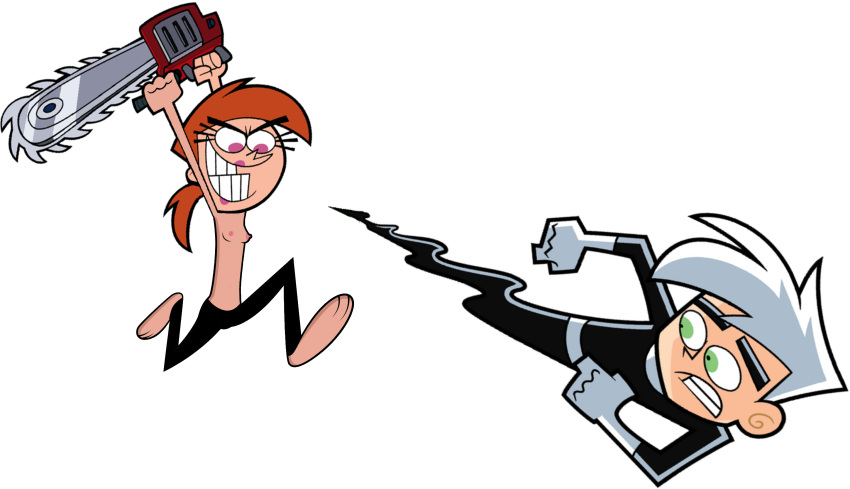 1boy 1girl barefoot breasts chainsaw crossover danny_phantom danny_phantom_(character) female male nickelodeon nipples the_fairly_oddparents topless_female transparent_background vicky_(fop)